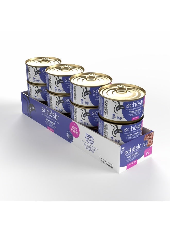 Schesir Complete Wet Cat Food Broth Can Tuna with Beef 85g (Pack of 12) | Natural Steamed Tuna & Beef High Protein Hydrating Adult Cat Meal - Image 1